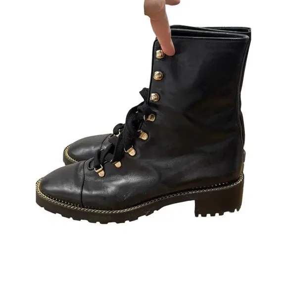 Stuart Weitzman Kolbie Black Leather Chain Combat Boot 39 Black